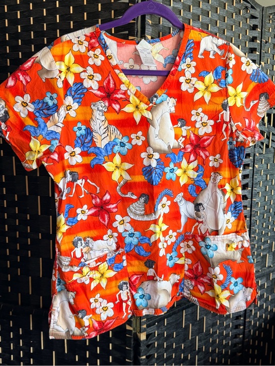 Disney Tops - Disney Orange Floral & Jungle Character Short Sleeve Scrub Top